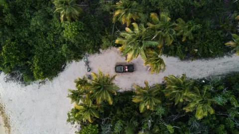 Ujęcie z drona pojazdu na piaszczystej drodze wśród palm, blisko plaży